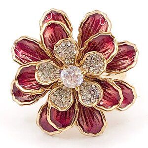 Vintage Juicy Couture Red Enamel Flower Ring Gold Tone Rhinestone Center  7.5